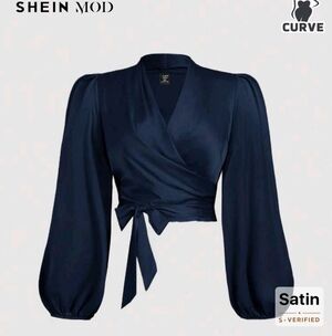 SHEIN Deep Blue Satin Wrap Blouse